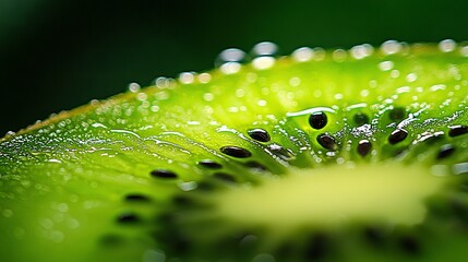 Wall Mural -   Close-up of a kiwi fruit with water droplets on its surface against a green backdrop