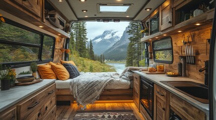 Poster - A warm and inviting van interior features wooden cabinetry, a plush bed with colorful cushions, and a stunning view of mountains and a river, creating a perfect escape in nature.