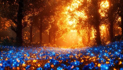 Poster - Sunlit Forest Clearing with Glowing Blue Flowers
