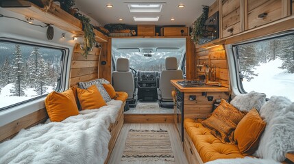 Poster - Inside a beautifully designed van, warm wooden accents complement soft plush seating, creating a cozy atmosphere. Snow-covered mountains are visible through the windows.