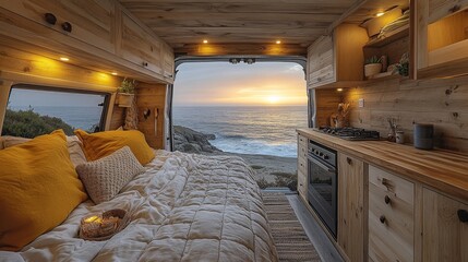 Poster - The inviting interior of a cozy van showcases a spacious bed with bright yellow pillows and a stunning view of the ocean at sunset. The natural wood elements create a warm atmosphere.