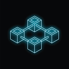 Poster - Blue glowing neon cubes forming blockchain network on dark background