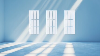Poster - Bright and airy interior with three large windows casting soft light on a minimalistic blue room.