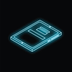 Poster - Neon icon of computer ssd drive glowing blue on black background