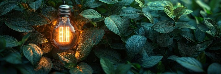 Poster - Illuminated Lightbulb Amidst Lush Green Foliage