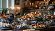 Festive Hanukkah table with a lit menorah, traditional treats, dreidels, and gifts