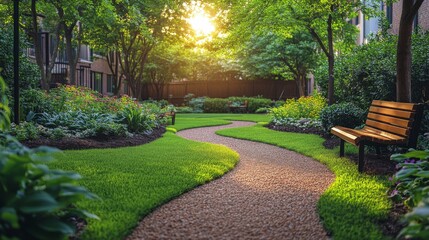 Aufkleber - A peaceful garden features a winding path surrounded by lush greenery and blooming flowers. A wooden bench sits invitingly as the sun sets, casting warm light.
