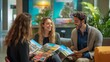© acnaleksy - travel agent helping a couple book a vacation, sitting in a modern travel agency office