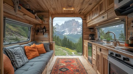 Poster - A beautifully designed cabin interior features wooden walls, cozy seating, and kitchen amenities, showcasing breathtaking views of the Dolomites mountains.
