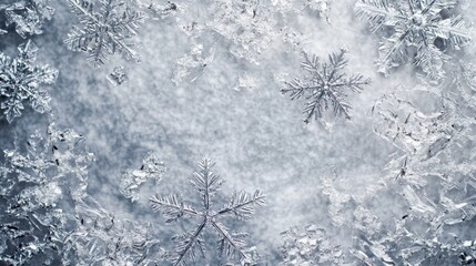 Poster - A close-up view of intricate snowflakes and ice on a frosty surface, creating a winter wonderland ambiance.