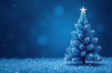 Wall Mural - A small blue Christmas tree with glowing lights and a shining star topper stands on a sparkling blue surface, creating a magical and serene holiday scene with space for text.
