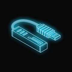 Poster - Neon glowing icon of a usb flash drive being plugged into a card reader on a black background
