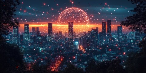 Aufkleber - A glowing sphere over a city skyline connected by lines of light