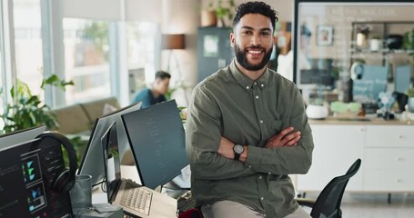 Leinwandbilder - Man, office and happy with coding on portrait for programing and system update as software engineer. Male person, employee and smile or proud with innovation project, data development and website