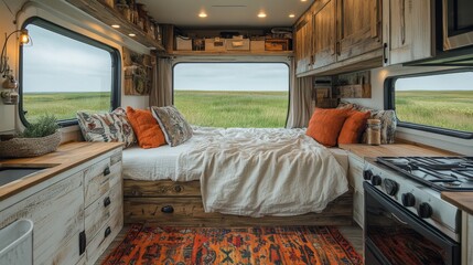 Poster - The interior features a cozy bed, kitchen amenities, and large windows offering views of lush green fields, ideal for living or camping adventures.