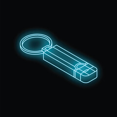  - Neon usb flash drive keychain is glowing on black background