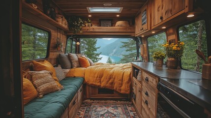 Poster - The camper features a warm, inviting interior with a comfortable seating area adorned with pillows, nestled alongside a window that showcases a tranquil lake and forest beyond.