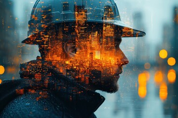 Poster - A Cityscape Overlaid on a Man Wearing a Hard Hat