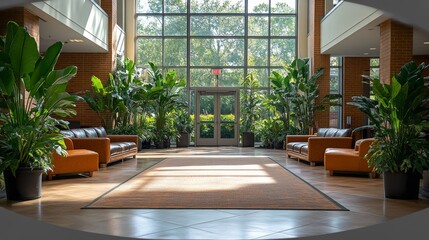 Poster - The lobby features spacious seating areas with orange and brown couches, vibrant indoor plants, and large windows allowing natural light to fill the space.