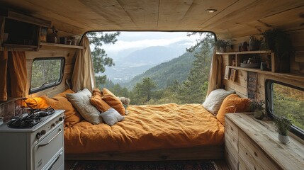 Poster - A snug van interior showcases golden bedding and soft pillows, with expansive windows overlooking a serene mountainous landscape, offering a peaceful retreat in nature.