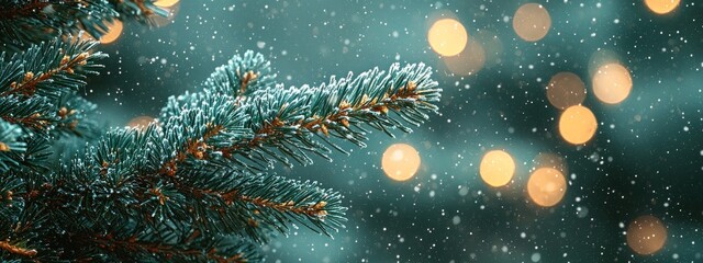 Poster - Frosty Pine Branch with Blurred Lights and Falling Snow