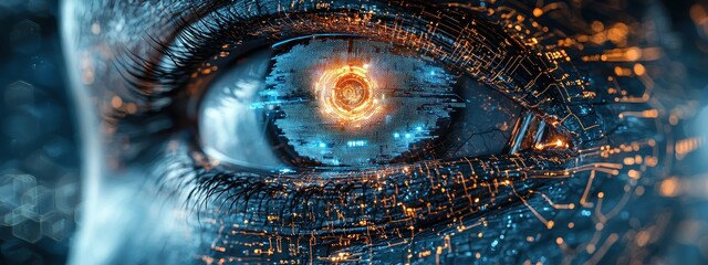 Aufkleber - A Close-up of a Human Eye with Digital Circuitry Overlaid