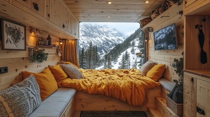 Poster - The cozy interior of a camper van showcases a warm orange blanket over a bed, surrounded by wooden walls and a breathtaking mountain view outside during winter.
