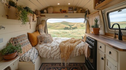 Poster - A warm and inviting van interior showcases a cozy bed with soft textiles, a well-equipped kitchen, and decorative plants, all set amid peaceful rolling hills.