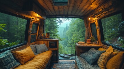 Poster - A warmly decorated van interior invites relaxation, with plush cushions and wooden furniture. Surrounding pine trees create a peaceful ambiance, enhancing morning tranquility.