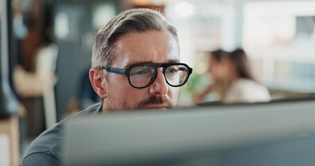 Fototapete - Computer, glasses and thinking with business man in office for administration, report or research. Desktop, programming and reading with mature employee in creative workplace for web development