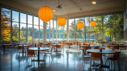 Poster - The spacious dining area features modern round tables and bright orange lanterns, with large windows offering a stunning view of a tranquil lake and trees outside.
