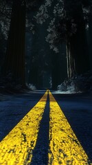 yellow line of the road in front is lined with tall redwood trees