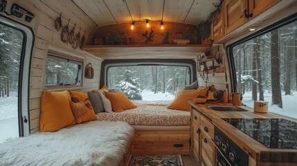 Poster - This cozy van interior features warm lighting, comfortable cushions, and snowy forest views. Perfect for enjoying a winter getaway in nature.