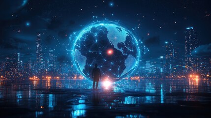 Poster - Silhouette of a Person Standing Before a Digital Globe in a Cityscape at Night