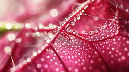 Wall Mural -   A pink flower with water droplets and a green leaf in the foreground