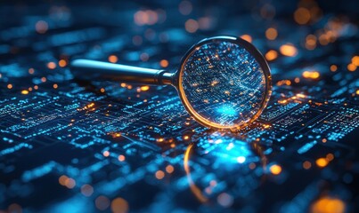 Poster - Magnifying Glass Over a Blue and Orange Circuit Board