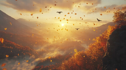 Poster - Leaves fall from the trees as the sun sets over the mountains, casting a warm glow on the landscape