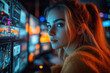 © Pixel World Vision  - Engaging student in a virtual classroom with multiple screens displaying colorful data at night