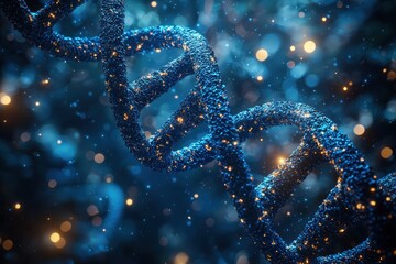 Poster - A close-up of a glowing blue DNA strand with a bokeh background.