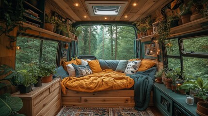 Poster - A welcoming van interior filled with plants, vibrant textiles, and a plush bed setup. Large windows showcase the serene forest landscape outside, enhancing the cozy atmosphere.