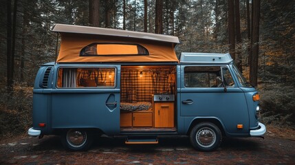 Poster - The vintage camper van features a pop-up roof, cozy interior, and is nestled amidst towering trees, offering a perfect getaway in nature's tranquility.