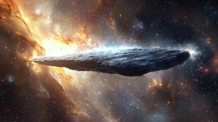 Wall Mural - a depiction of a large, elongated asteroid or comet in space, with a bright nebula in the background