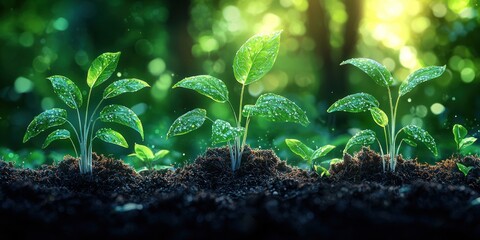 Poster - Three Vibrant Green Saplings Growing in Dark Soil with a Blurred Background of Sunlight and Lush Greenery