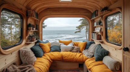 Poster - Nestled within a wooden structure, a cozy seating area with bright cushions overlooks a calm ocean. Surrounding trees add a touch of nature to this tranquil autumn scene.