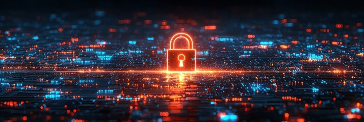Aufkleber - Glowing Neon Lock Symbol Over Abstract Circuit Board Background