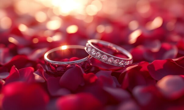3D diamond wedding rings placed on a bed of rose petals, with sunlight reflecting off the diamonds
