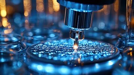 Poster - Close-up of a Metal Drill Bit Pointing Downward at a Shiny Surface with Blue and Yellow Bokeh Lights