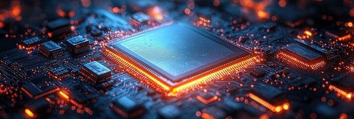 Poster - Illuminated Microchip on a Motherboard with Glowing Circuitry