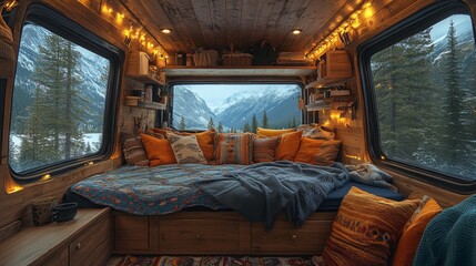 Poster - A beautifully designed van interior features a cozy bed with colorful cushions and warm string lights. The large windows offer stunning views of snowy mountains and evergreen trees.