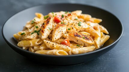 Wall Mural - Delicious creamy garlic chicken pasta served in a black bowl, garnished with herbs, perfect for lunch or dinner any day of the week